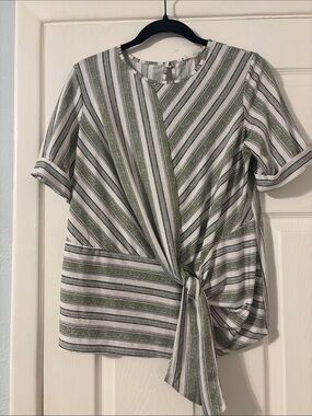 PerSeption Concept Olive Green and White Striped Tie-Front Blouse